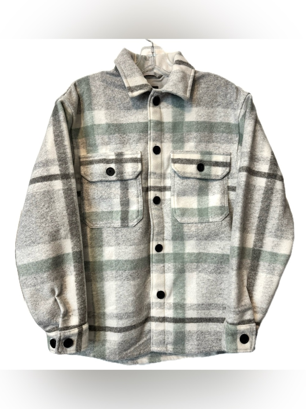 H&M Plaid Shacket Jacket Gray Sage Green Button Front XS Cabincore Oversized